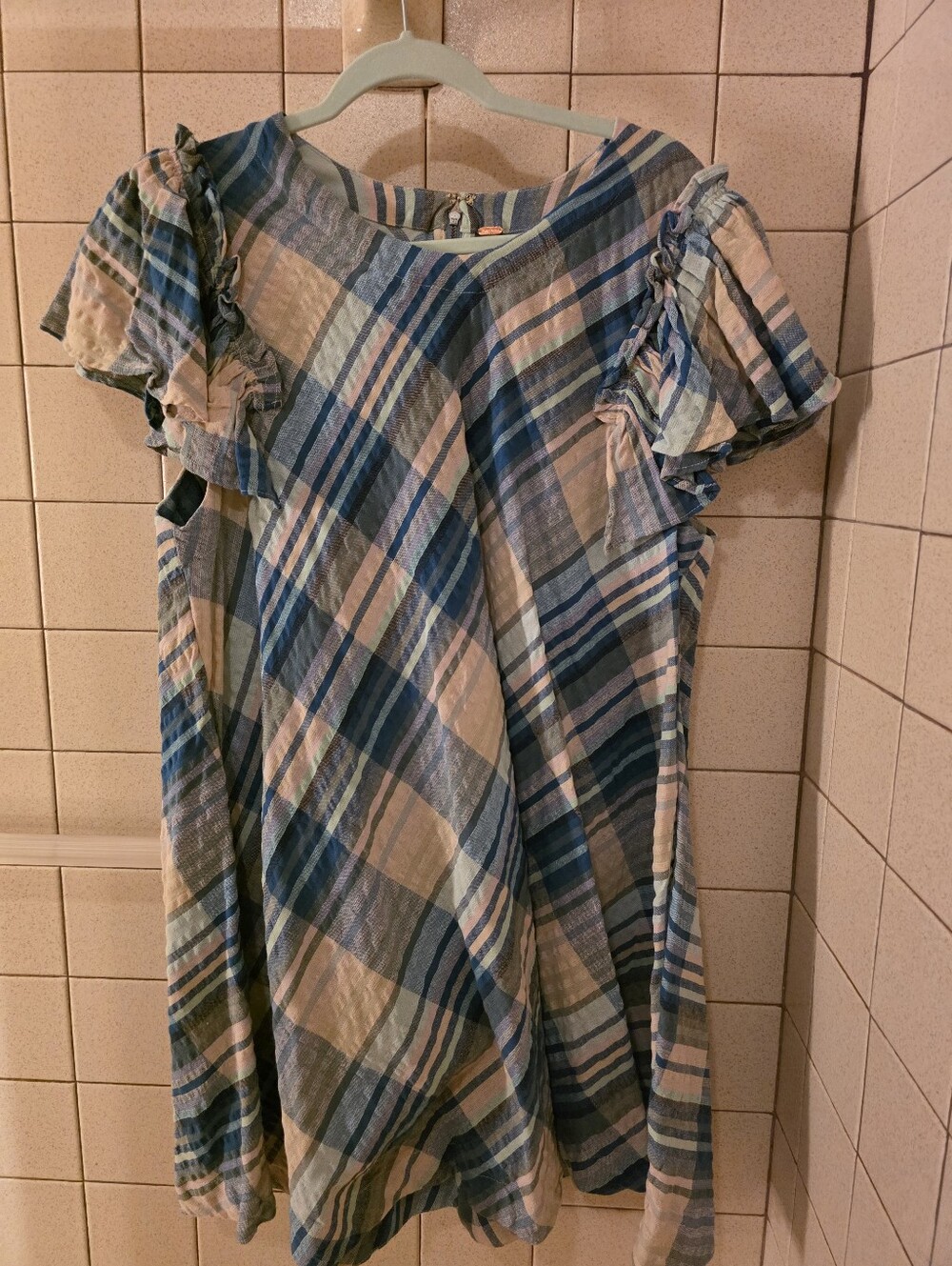 Free People Blue and Cream Plaid Ruffle Sleeve Dress